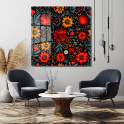 Canlı Kırmızı ve Sarı Çiçekli Folk Art Cam Tablo Duvar Dekoru Canlı Kırmızı ve Sarı Çiçekli Folk Art Cam Tablo