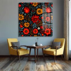 Canlı Kırmızı ve Sarı Çiçekli Folk Art Cam Tablo Duvar Dekoru Canlı Kırmızı ve Sarı Çiçekli Folk Art Cam Tablo