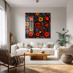 Canlı Kırmızı ve Sarı Çiçekli Folk Art Cam Tablo Duvar Dekoru Canlı Kırmızı ve Sarı Çiçekli Folk Art Cam Tablo