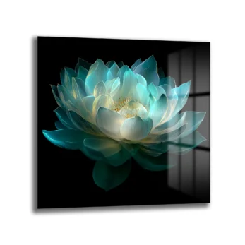 Ethereal Lotus Çiçeği Cam Tablo - Büyüleyici Turkuaz Sanat - Glazella