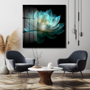 Ethereal Lotus Çiçeği Cam Tablo - Büyüleyici Turkuaz Sanat - Glazella