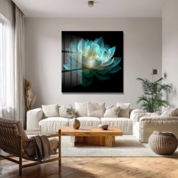 Ethereal Lotus Çiçeği Cam Tablo - Büyüleyici Turkuaz Sanat - Glazella