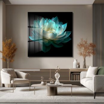 Ethereal Lotus Çiçeği Cam Tablo - Büyüleyici Turkuaz Sanat - Glazella