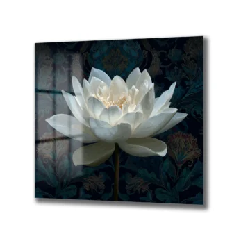 Anasayfa - Glazella Beyaz Lotus Çiçeği Cam Tablo - Derinlikli Sanat Eseri - Glazella