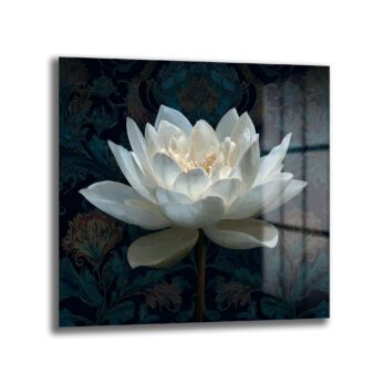 Beyaz Lotus Çiçeği Cam Tablo - Derinlikli Sanat Eseri