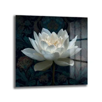 Beyaz Lotus Çiçeği Cam Tablo - Derinlikli Sanat Eseri - Glazella