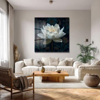 Beyaz Lotus Çiçeği Cam Tablo - Derinlikli Sanat Eseri - Glazella Beyaz Lotus Çiçeği Cam Tablo - Derinlikli Sanat Eseri - Glazella
