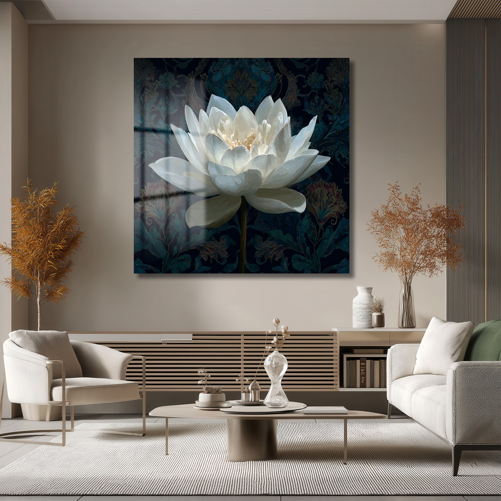 Beyaz Lotus Çiçeği Cam Tablo - Derinlikli Sanat Eseri - Glazella Beyaz Lotus Çiçeği Cam Tablo - Derinlikli Sanat Eseri - Glazella