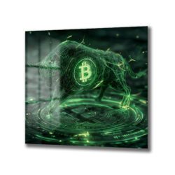 Dijital yeşil hatlardan oluşan, üzerinde Bitcoin sembolü bulunan bir boğanın, parlayan devre kartı desenli bir zeminde ileri doğru atıldığı fütüristik bir cam tablo.