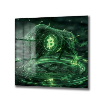 Anasayfa Duvar Dekoru Dijital yeşil hatlardan oluşan, üzerinde Bitcoin sembolü bulunan bir boğanın, parlayan devre kartı desenli bir zeminde ileri doğru atıldığı fütüristik bir cam tablo.