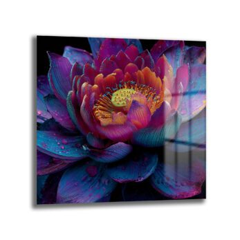Büyüleyici Lotus Çiçeği Cam Tablo – Mor ve Mavi Tonları