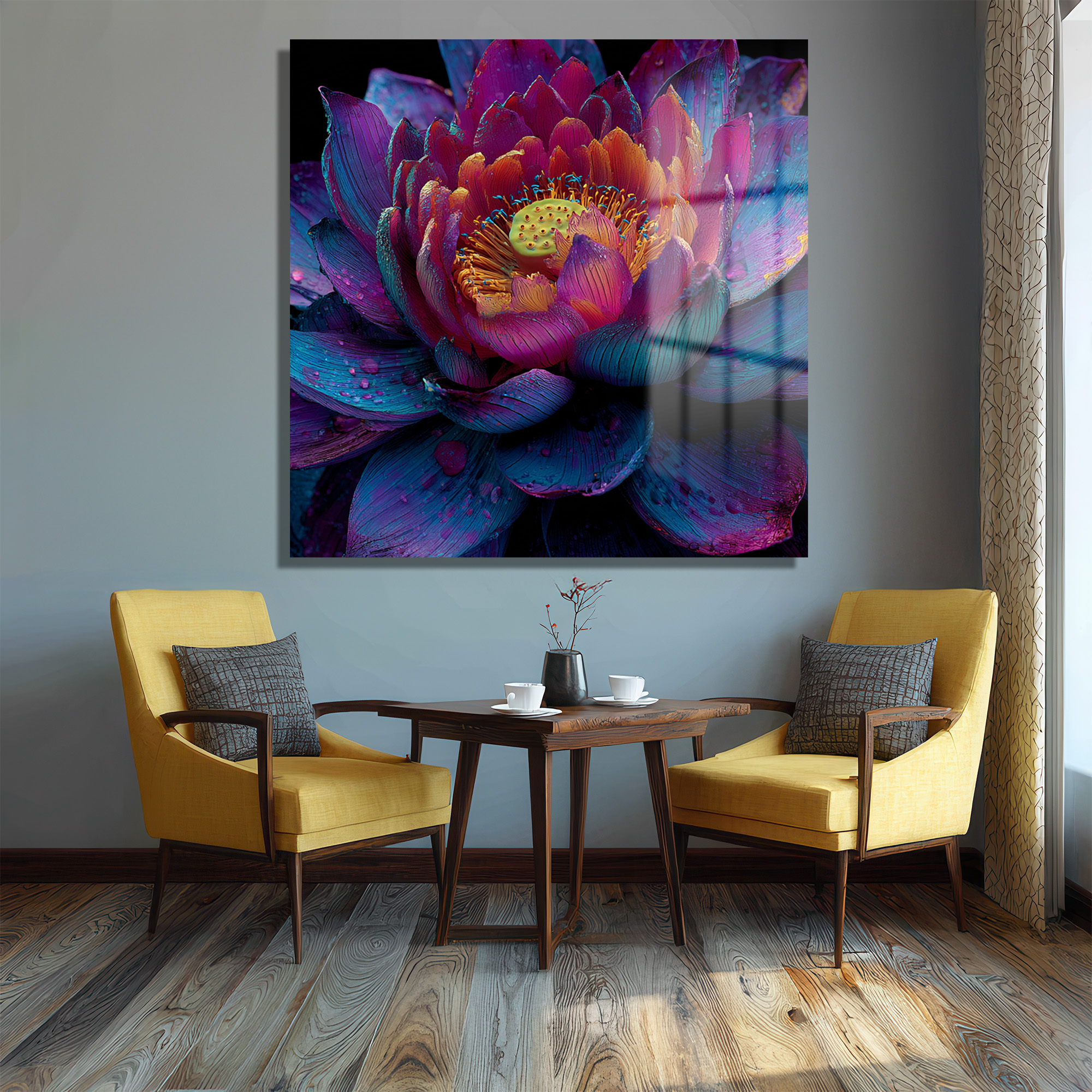 Büyüleyici Lotus Çiçeği Cam Tablo – Mor ve Mavi Tonları - Glazella Büyüleyici Lotus Çiçeği Cam Tablo – Mor ve Mavi Tonları - Glazella