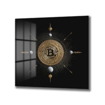 Anasayfa Duvar Dekoru Siyah arka plan üzerinde altın rengi, detaylı bir Bitcoin sembolü, etrafında kozmik ışınlar ve gezegen benzeri kürelerle süslenmiş modern bir cam tablo.