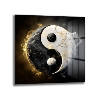 Yin Yang Enerjisi Siyah Beyaz Altın Detaylı Cam Tablo