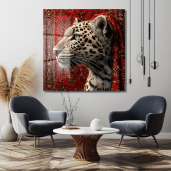 Leopar ve Oryantal Desenli Kırmızı Halı Temalı Lüks Cam Tablo