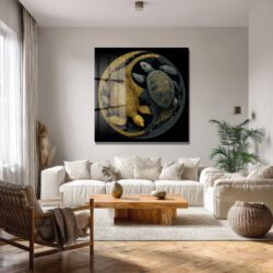 Yin Yang Kaplumbağa Cam Tablo: Altın ve Gümüşün Uyum Dansı Duvar Dekoru Yin Yang Kaplumbağa Cam Tablo: Altın ve Gümüşün Uyum Dansı