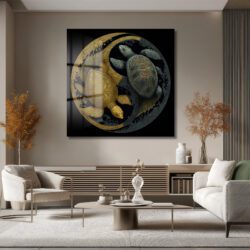 Yin Yang Kaplumbağa Cam Tablo: Altın ve Gümüşün Uyum Dansı Duvar Dekoru Yin Yang Kaplumbağa Cam Tablo: Altın ve Gümüşün Uyum Dansı