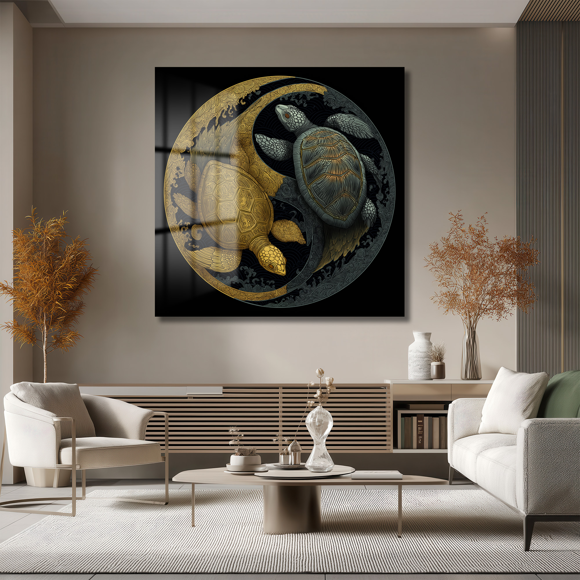 Yin Yang Kaplumbağa Cam Tablo: Altın ve Gümüşün Uyum Dansı Duvar Dekoru Yin Yang Kaplumbağa Cam Tablo: Altın ve Gümüşün Uyum Dansı