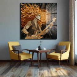 Altın Saçlı Rock Yıldızı Cam Tablo - Enerjinin Yansıması Duvar Dekoru Altın Saçlı Rock Yıldızı Cam Tablo - Enerjinin Yansıması