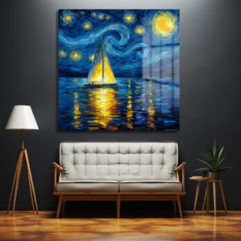 Van Gogh Esintili Yıldızlı Gece Yelkenli Cam Tablo - Glazella