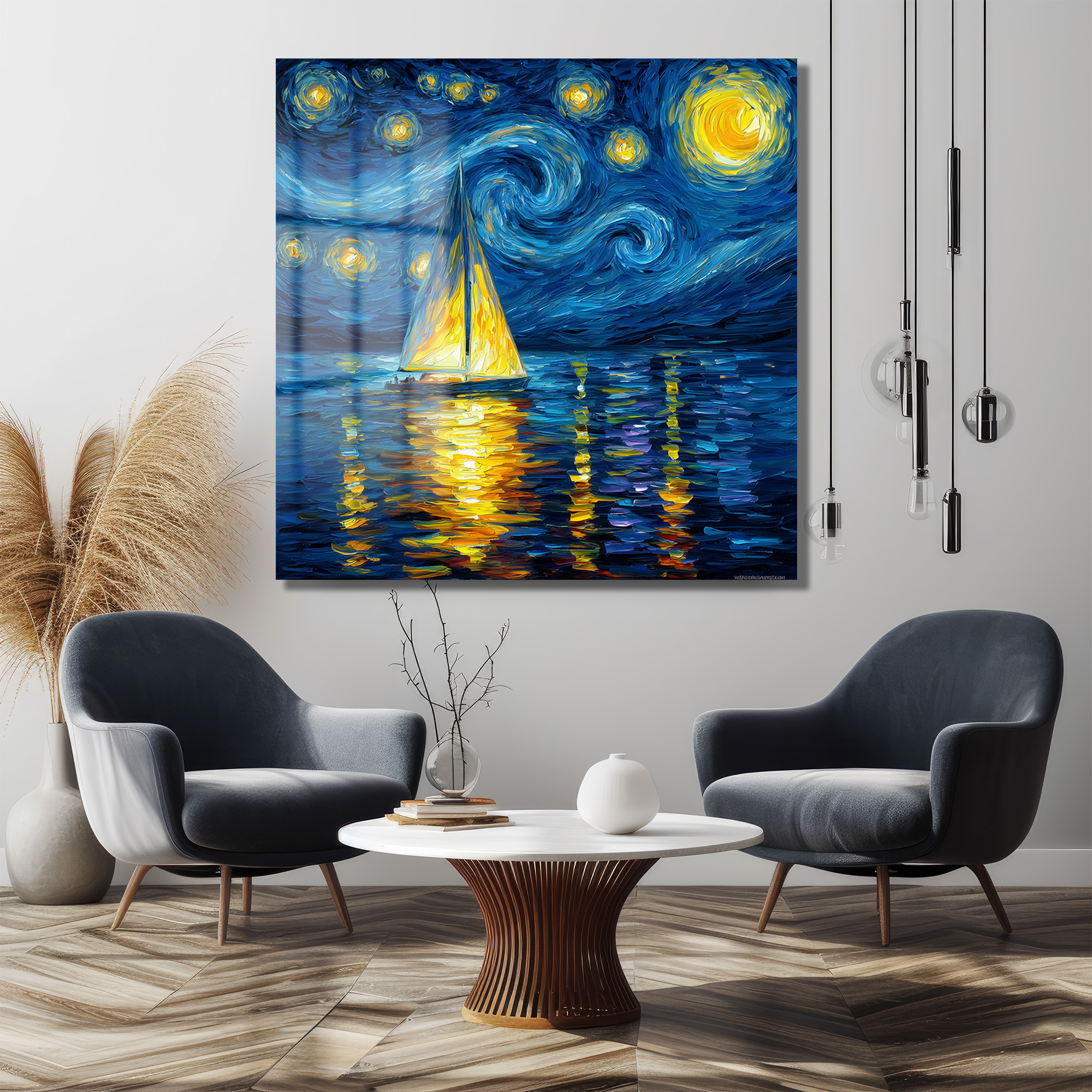 Van Gogh Esintili Yıldızlı Gece Yelkenli Cam Tablo Duvar Dekoru Van Gogh Esintili Yıldızlı Gece Yelkenli Cam Tablo