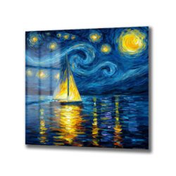 Van Gogh Esintili Yıldızlı Gece Yelkenli Cam Tablo Duvar Dekoru Van Gogh Esintili Yıldızlı Gece Yelkenli Cam Tablo