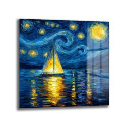 Van Gogh Esintili Yıldızlı Gece Yelkenli Cam Tablo Duvar Dekoru Van Gogh Esintili Yıldızlı Gece Yelkenli Cam Tablo