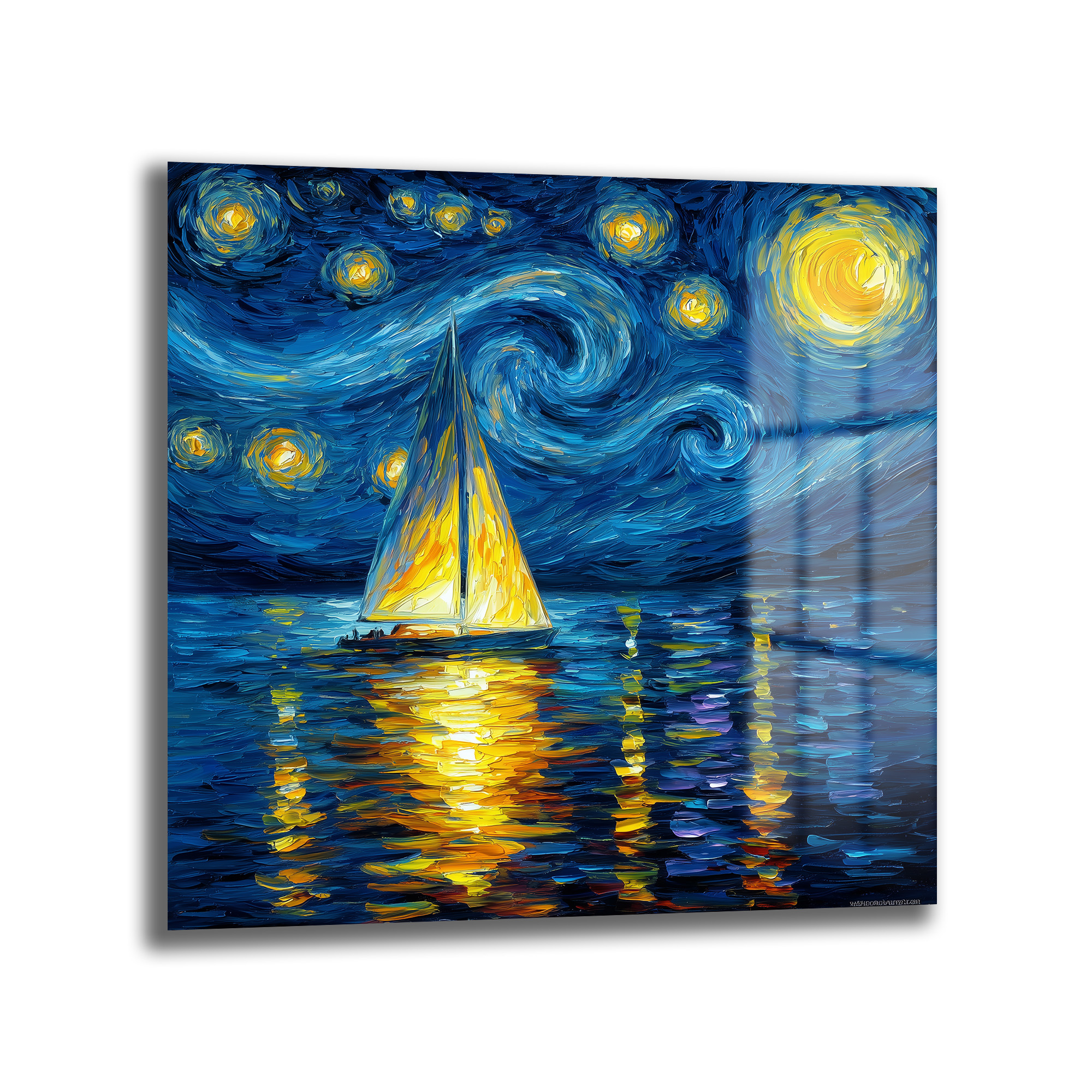 Van Gogh Esintili Yıldızlı Gece Yelkenli Cam Tablo Duvar Dekoru Van Gogh Esintili Yıldızlı Gece Yelkenli Cam Tablo