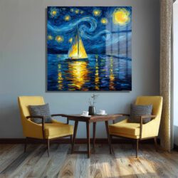 Van Gogh Esintili Yıldızlı Gece Yelkenli Cam Tablo Duvar Dekoru Van Gogh Esintili Yıldızlı Gece Yelkenli Cam Tablo