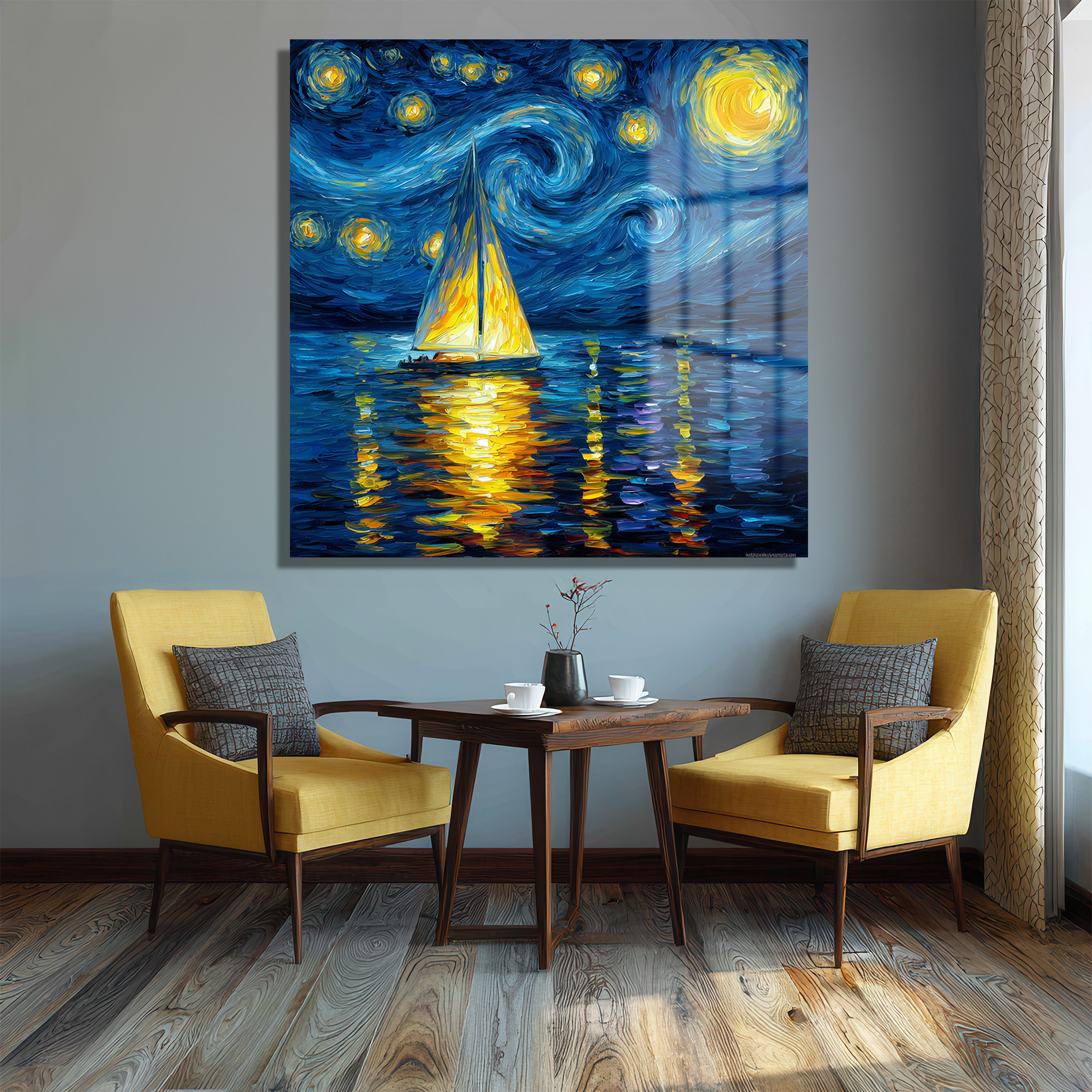 Van Gogh Esintili Yıldızlı Gece Yelkenli Cam Tablo Duvar Dekoru Van Gogh Esintili Yıldızlı Gece Yelkenli Cam Tablo