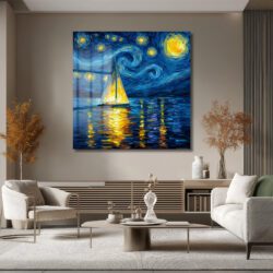 Van Gogh Esintili Yıldızlı Gece Yelkenli Cam Tablo Duvar Dekoru Van Gogh Esintili Yıldızlı Gece Yelkenli Cam Tablo