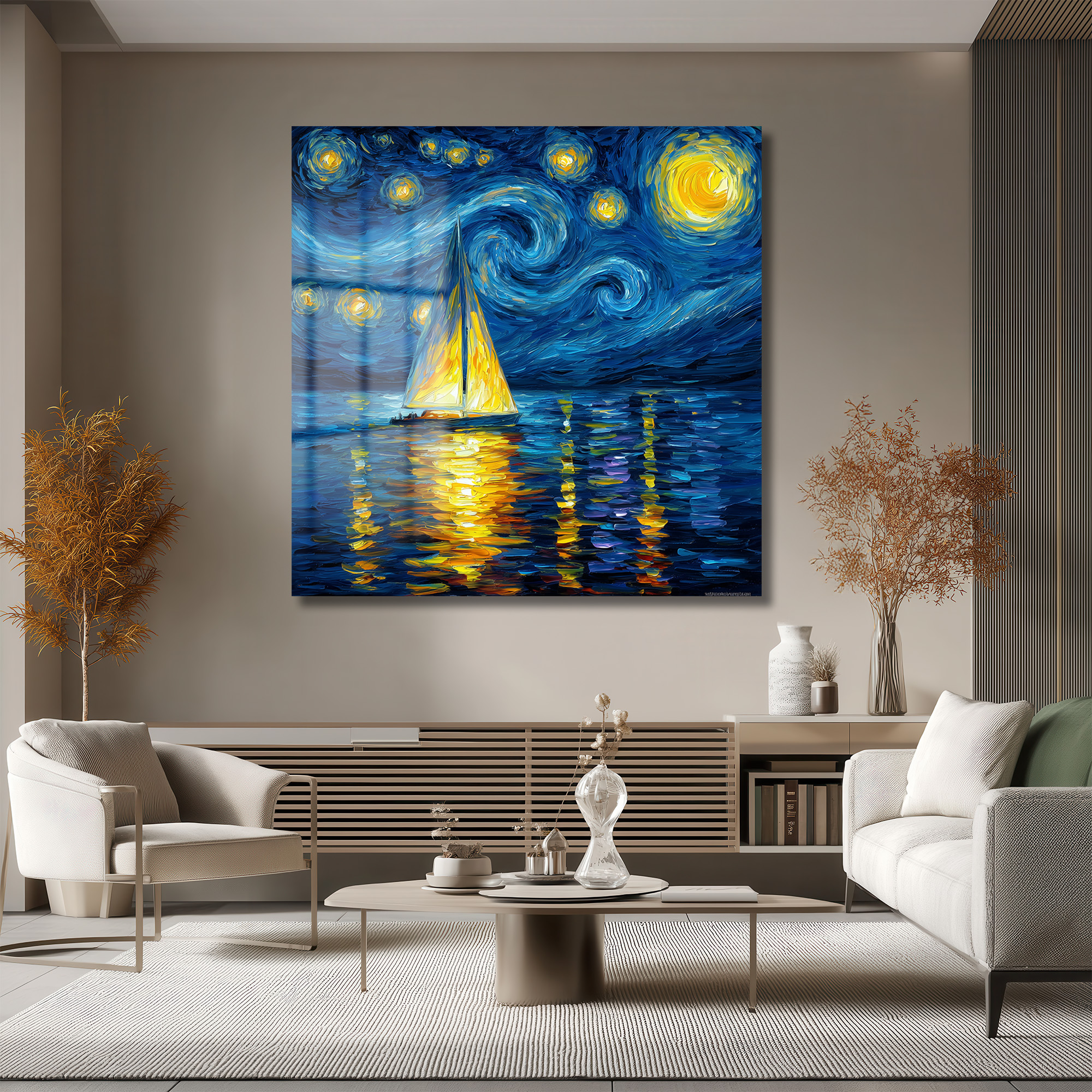 Van Gogh Esintili Yıldızlı Gece Yelkenli Cam Tablo Duvar Dekoru Van Gogh Esintili Yıldızlı Gece Yelkenli Cam Tablo