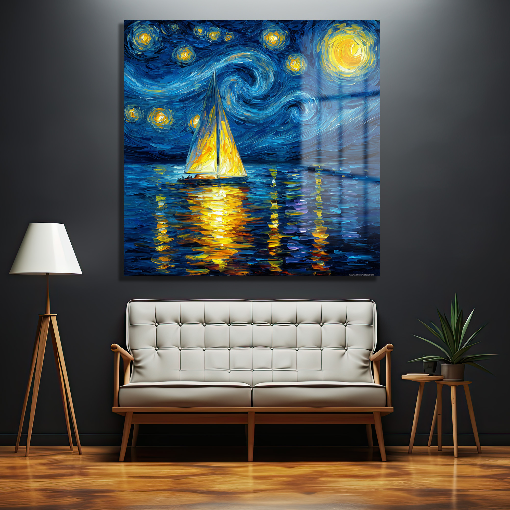 Van Gogh Esintili Yıldızlı Gece Yelkenli Cam Tablo Duvar Dekoru Canlı mavi ve sarı tonlarında, Van Gogh tarzında fırça darbeleriyle resmedilmiş, yıldızlı gökyüzü altında parlayan bir yelkenlinin denizdeki yansımasını gösteren cam duvar sanatı.