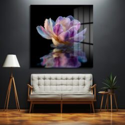 Mor Lotus Çiçeği Su Damlaları Temalı Cam Tablo Duvar Dekoru Mor Lotus Çiçeği Su Damlaları Temalı Cam Tablo