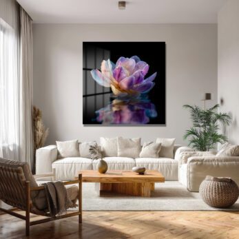 Mor Lotus Çiçeği Su Damlaları Temalı Cam Tablo - Glazella Mor Lotus Çiçeği Su Damlaları Temalı Cam Tablo - Glazella