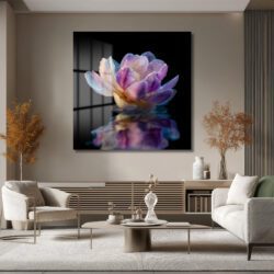 Mor Lotus Çiçeği Su Damlaları Temalı Cam Tablo Duvar Dekoru Mor Lotus Çiçeği Su Damlaları Temalı Cam Tablo