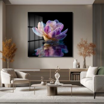Mor Lotus Çiçeği Su Damlaları Temalı Cam Tablo - Glazella Mor Lotus Çiçeği Su Damlaları Temalı Cam Tablo - Glazella