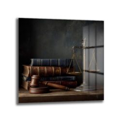 Hukukun Simgesi: Antik Terazi ve Kitaplar Cam Tablo Duvar Dekoru Hukukun Simgesi: Antik Terazi ve Kitaplar Cam Tablo