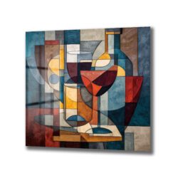 Modern Kübist Şarap Temalı Sanat Cam Tablo Duvar Dekoru Modern Kübist Şarap Temalı Sanat Cam Tablo