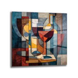 Modern Kübist Şarap Temalı Sanat Cam Tablo Duvar Dekoru Modern Kübist Şarap Temalı Sanat Cam Tablo