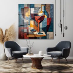Modern Kübist Şarap Temalı Sanat Cam Tablo Duvar Dekoru Modern Kübist Şarap Temalı Sanat Cam Tablo