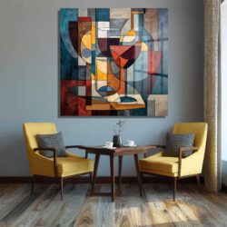 Modern Kübist Şarap Temalı Sanat Cam Tablo Duvar Dekoru Modern Kübist Şarap Temalı Sanat Cam Tablo