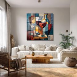 Modern Kübist Şarap Temalı Sanat Cam Tablo Duvar Dekoru Modern Kübist Şarap Temalı Sanat Cam Tablo