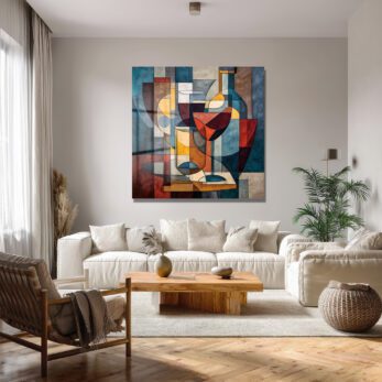 Modern Kübist Şarap Temalı Sanat Cam Tablo - Glazella Modern Kübist Şarap Temalı Sanat Cam Tablo - Glazella