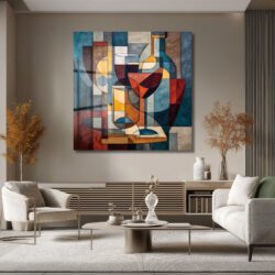 Modern Kübist Şarap Temalı Sanat Cam Tablo Duvar Dekoru Modern Kübist Şarap Temalı Sanat Cam Tablo