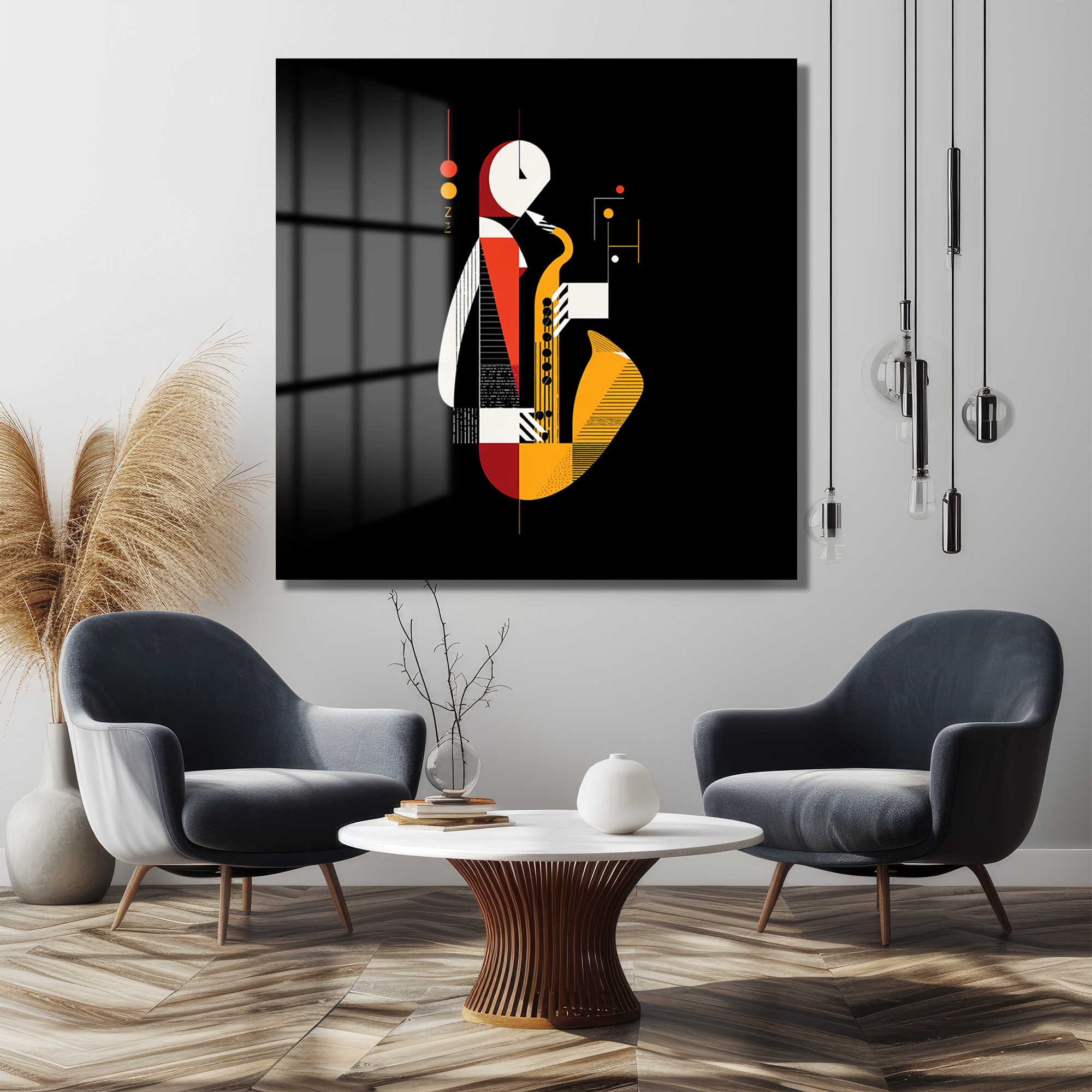 Soyut Caz Saxofoncu Cam Tablo Duvar Dekoru Soyut Caz Saxofoncu Cam Tablo