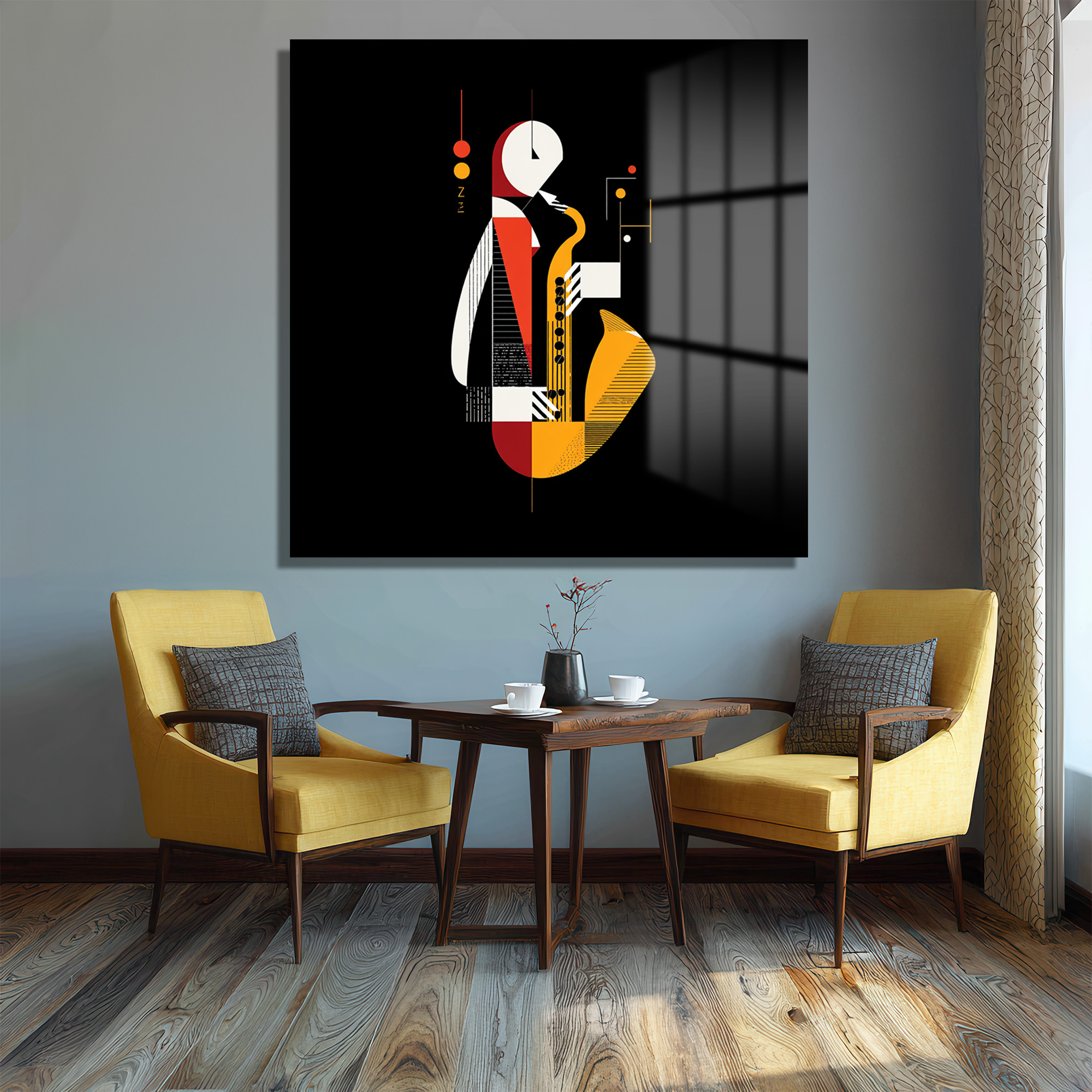 Soyut Caz Saxofoncu Cam Tablo Duvar Dekoru Soyut Caz Saxofoncu Cam Tablo