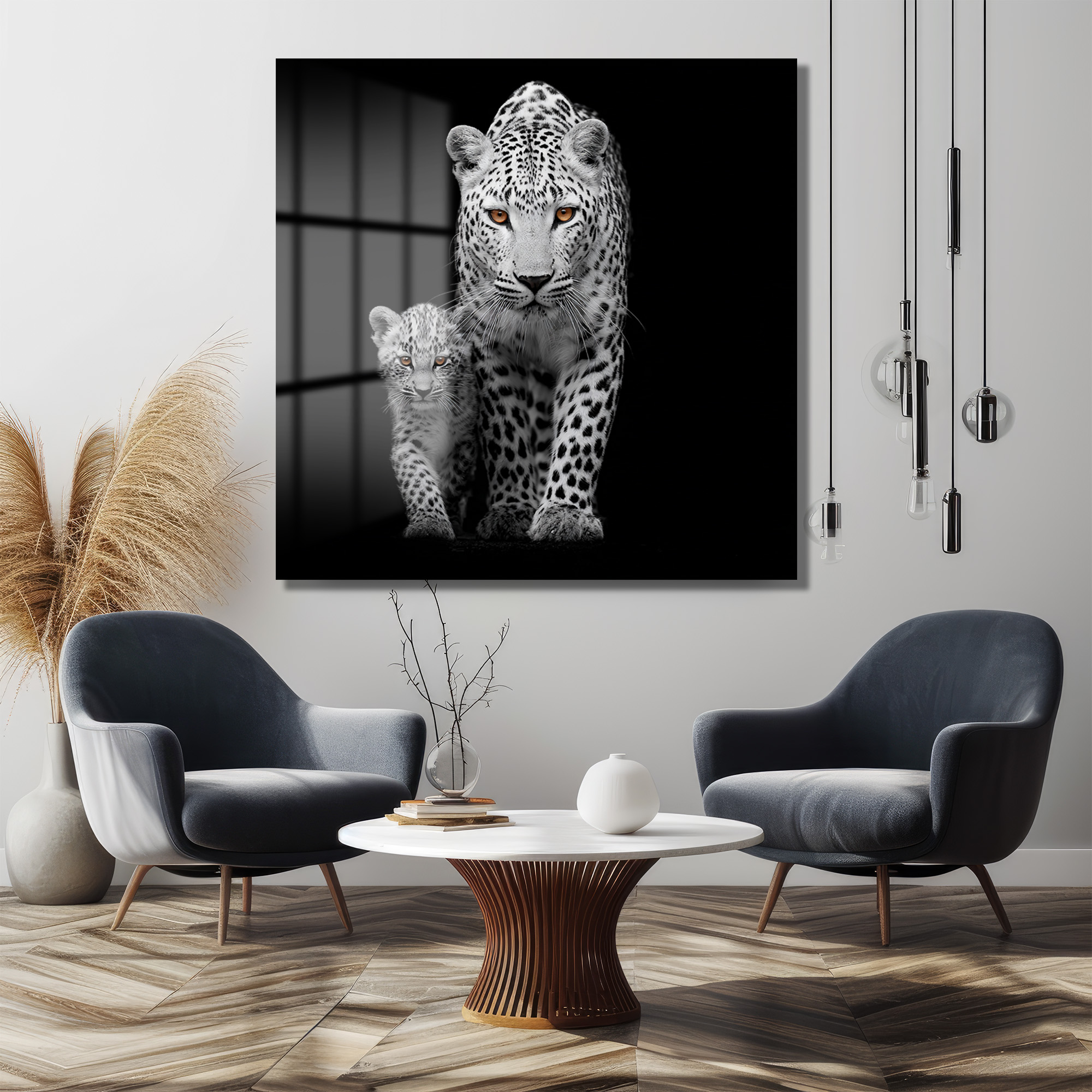 Vahşi Zarafet: Leopar Anne ve Yavru Büyüleyici Gözler Cam Tablo Duvar Dekoru Vahşi Zarafet: Leopar Anne ve Yavru Büyüleyici Gözler Cam Tablo