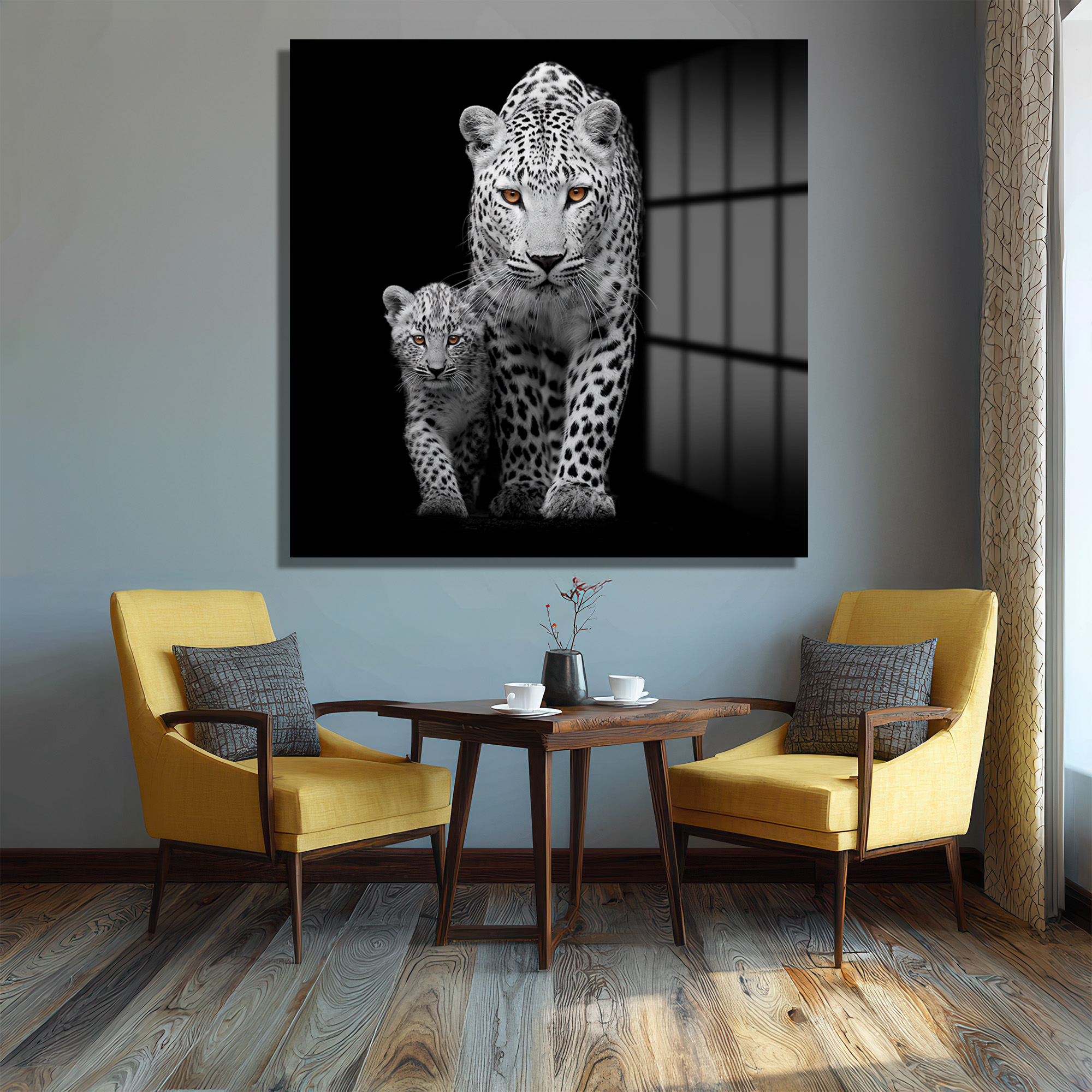 Vahşi Zarafet: Leopar Anne ve Yavru Büyüleyici Gözler Cam Tablo Duvar Dekoru Vahşi Zarafet: Leopar Anne ve Yavru Büyüleyici Gözler Cam Tablo