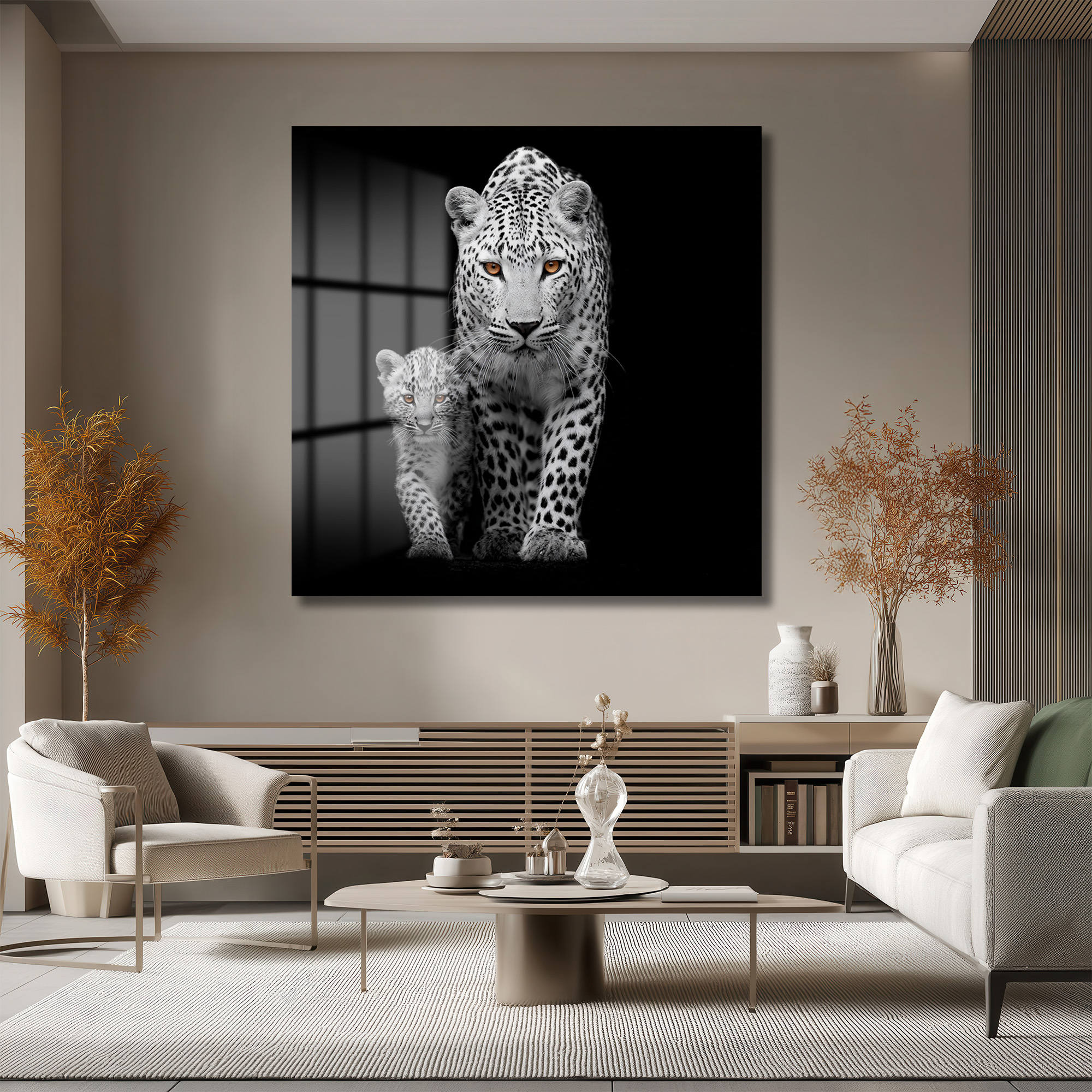Vahşi Zarafet: Leopar Anne ve Yavru Büyüleyici Gözler Cam Tablo Duvar Dekoru Vahşi Zarafet: Leopar Anne ve Yavru Büyüleyici Gözler Cam Tablo